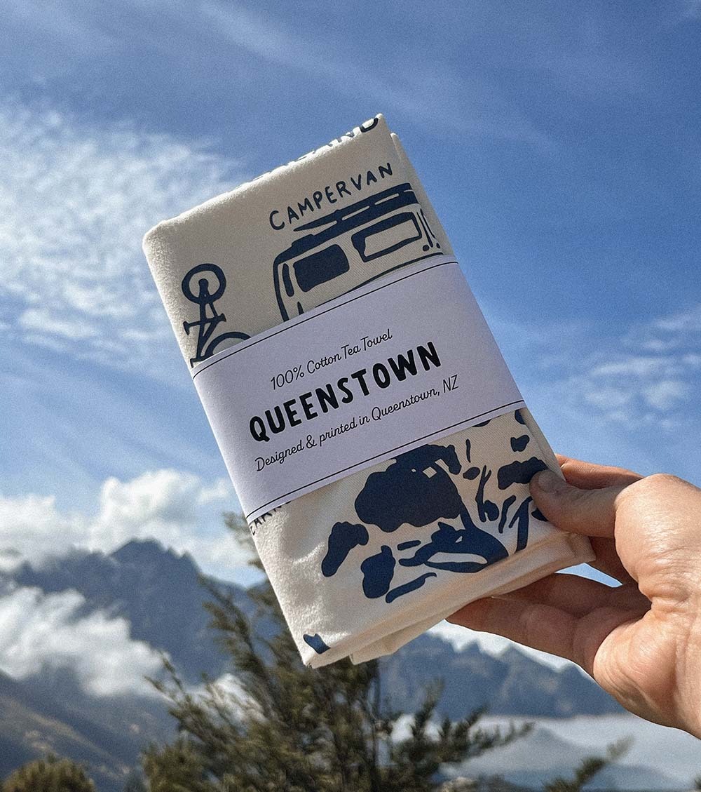 Queenstown Tea Towel Hand drawn illustrations designed and printed queenstown